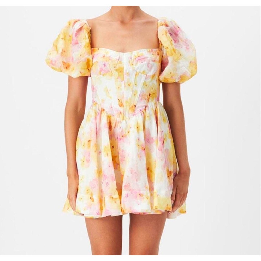 Bardot Kiah Floral Corset Mini Dress Yellow Pink Puff Sleeve Ramie Blend‎ US 6